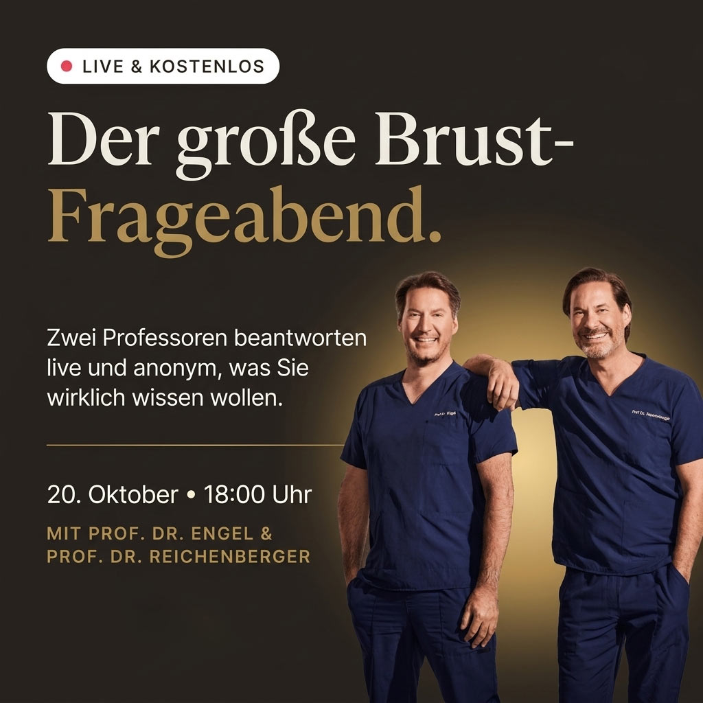 Live-Fragerunde Brustvergrößerung mit Prof. Dr. Reichenberger und Prof. Dr. Engel am 20.10. um 18:00 Uhr, online und kostenlos. Jetzt anmelden.